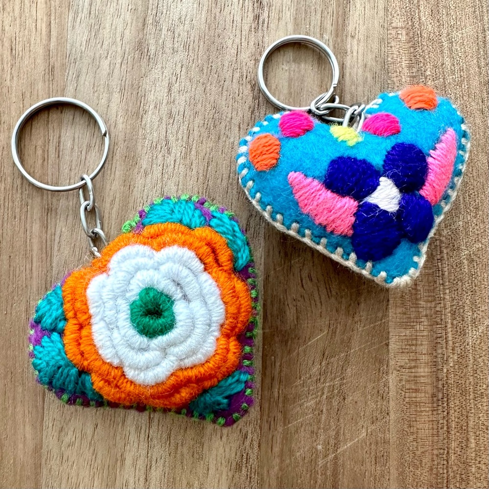 Two Hand Embroidered Hearts Mexican Ornament Heart Keychain Corazon Bordado